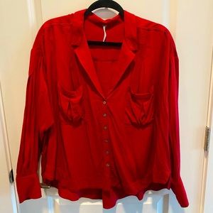 Like New, Free People Erin’s Oversized Button Down Top, Deep Red, Size Small